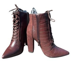 Shoe dazzle Lace Up Pointed Toe Block High Ankle Boots With Zipper Brown US 7